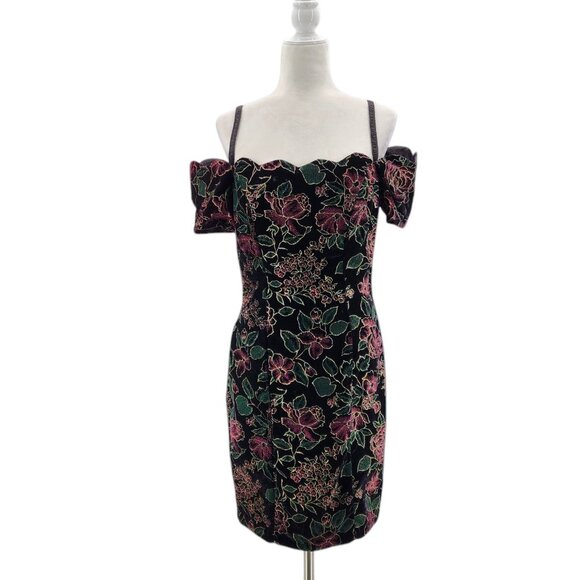 Vintage Steppin' Out Womens Small Dress Velvet Floral Off The Shoulder Cocktail - Picture 9 of 9